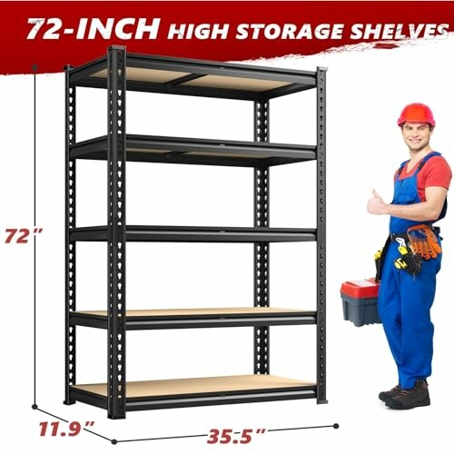 Black metal storage shelves with dimensions and smiling worker.