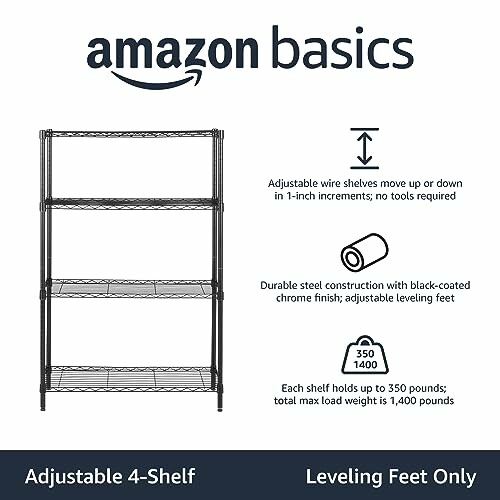 Amazon Basics adjustable 4-shelf wire rack with leveling feet.