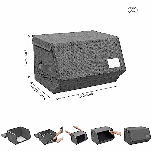 Collapsible fabric storage box with dimensions and assembly steps.