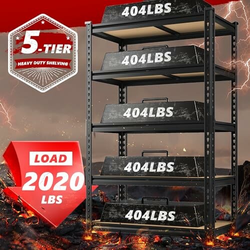 5-tier heavy duty shelving unit with 404 lbs capacity per shelf, total load 2020 lbs.