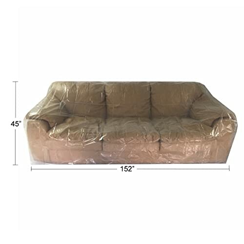 Sofa covered with clear plastic cover, with dimensions indicated.