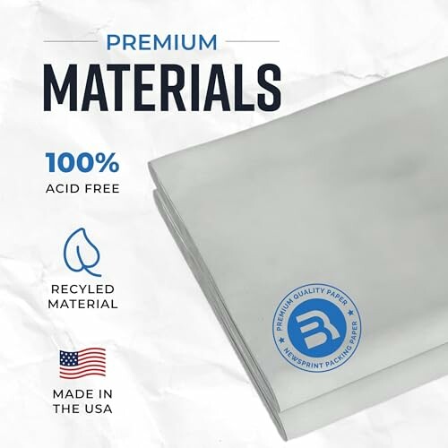 Premium materials advertisement featuring acid-free and recycled paper made in the USA.