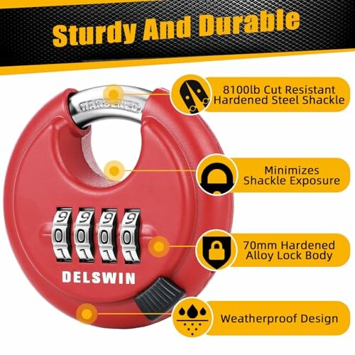 Red disc padlock with combination lock and features.