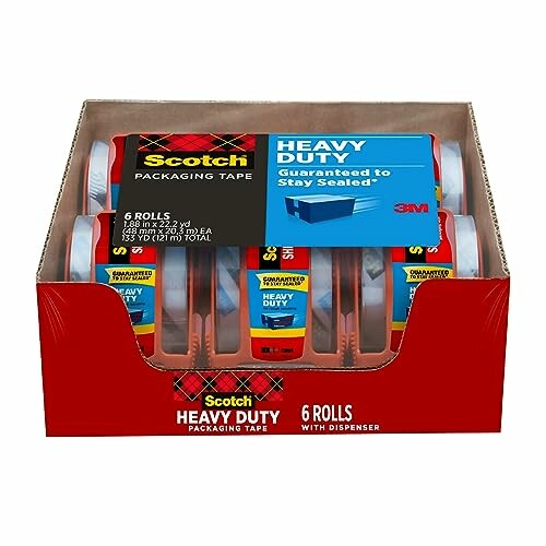 Scotch heavy duty packaging tape, 6 rolls with dispenser.