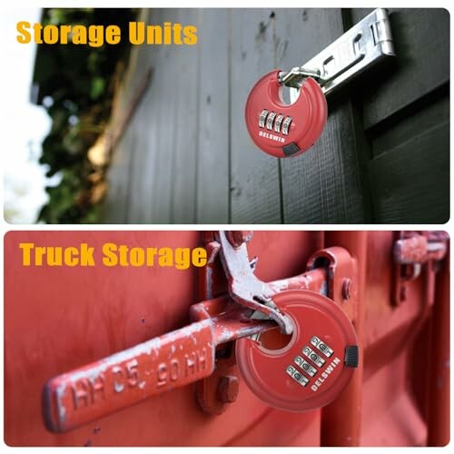 Two security locks on storage units and truck storage.