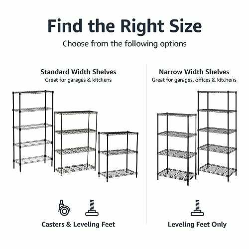 Comparison of standard and narrow width shelves with leveling feet and casters options.