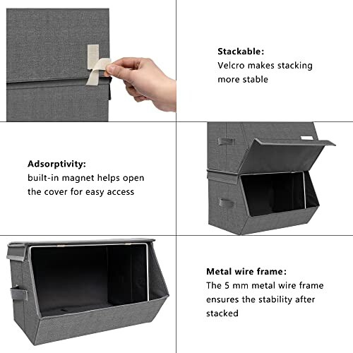 Collapsible storage box with stackable design and magnet closure.